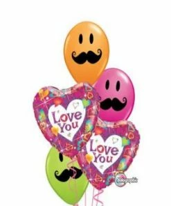 Funtastic Balloon Creations Classic Love You Mustache Faces Bouquet (2 Foil Hearts, 3 Latex)