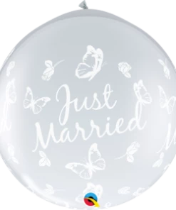 Funtastic Balloon Creations 3' DIAMOND CLEAR JUST MARRIED BUTTERFLIES INVERTED BALLOON